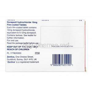 Zentiva, Generic  Aricept, Donepezil 10mg box information