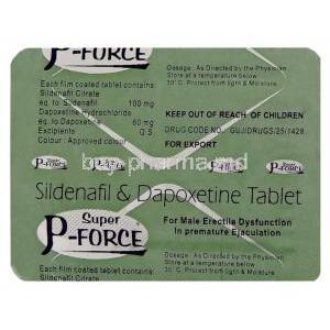 Super P Force, Sildenafil /Dapoxetine 100 mg / 60 mg  blister back