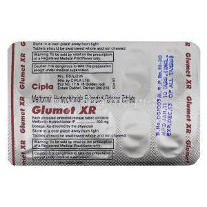 Generic Glucophage, Metformin XR 500 mg blister back