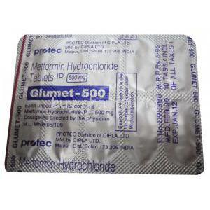 Generic  Glucophage, Metformin 500 mg blister back
