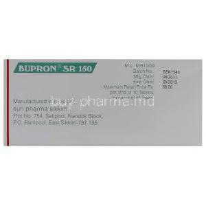 Bupron, Bupropion Hydrochloride  150 mg SR information