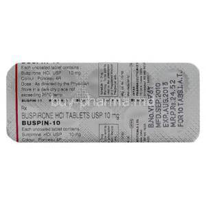 Buspin, Buspirone 10 mg blister back