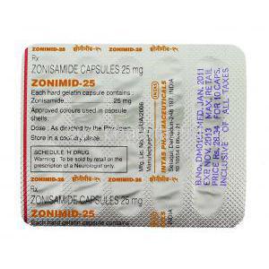 Zonimid, Zonisamide 25 mg packaging