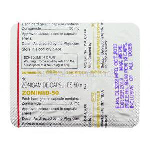 Zonimid, Zonisamide 50 mg packaging