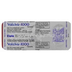 Valcivir, Valaciclovir 1000 mg blister back