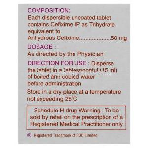 Zifi, Cefixime  Dispersible 50 mg Tablet composition