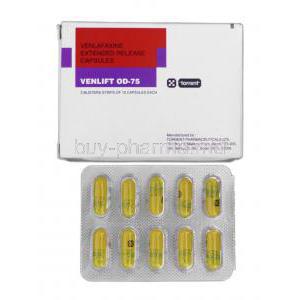 Venlift OD, Venlafaxine XR, 75 mg, Box and Strip