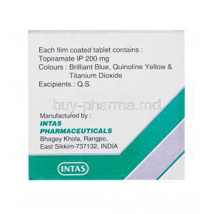 Topaz, Topiramate 200mg composition and manufacturer