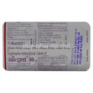 Allegra, Fexofenadine Hcl 30mg Tablet Strip Information