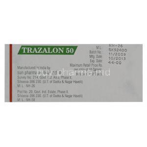 Trazalon, Trazodone 50 mg box manufacturing data