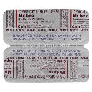 Mebex, Generic  Vermox, Mebendazole  100 mg (Cipla) Blister pack