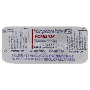 Vomistop, Domperidone 10 mg Tablet (Cipla) Packaging info