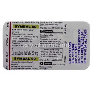 Symbal, Duloxetine 20 mg capsule blister information