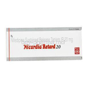 Nicardia Retard 20, Generic Procardia, Nifedipine 20mg Sustained Release Box