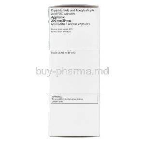 Aggrenox, Dipyridamole MR 200mg and Acetylsalicylic Acid 25mg Box Side