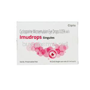 IMUDROPS Singules Eye Drops 0.05% 10 single use vials of 0.5ml each, Generic Restasis, Cyclosporine 0.50mg per ml Box