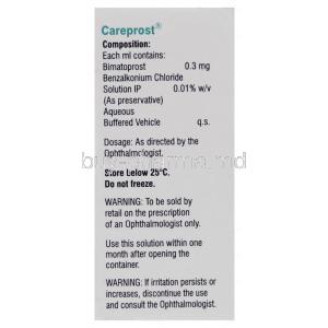 Careprost, Generic Lumigan, Bimatoprost Opthalmic Solution Eye Drop 0.03% 3 ml  composition