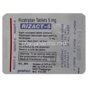 Rizact, Rizatriptan Benzoate 5 mg  (Cipla) Package information