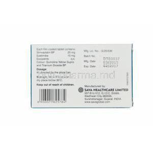 Etalize-S 20, Generic Vytorin, Simvastatin 20mg and Ezetimibe 10mg Box Information