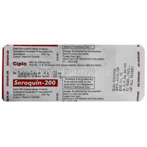 Seroquin, Quetiapine  200 mg tablet information