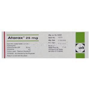 Atarax, Hydroxyzine 25 mg tablet box information