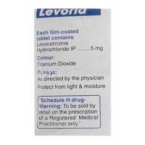 Levorid, Levocetirizine Hydrochloride 5mg Box Information