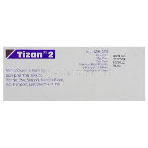 Tizan, Generic Zanaflex, Tizanidine 2 mg Tablet (Sun pharma)  manufacturer information