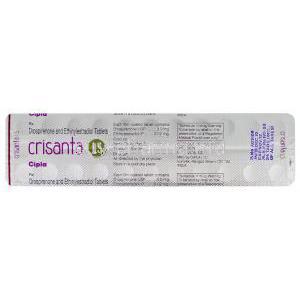 Crisanta, Generic  Yasmin, Drospirenone  3 mg Ethinyl  Estradiol 0.03 mg packaging closeup