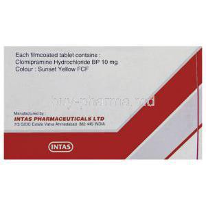 Clonil, Generic Anafranil, Clomipramine Hydrochloride 10 mg Tablet Intas manufacturer info