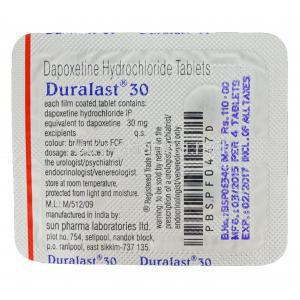 Duralast 30, Generic Priligy, Dapoxetine 30mg Tablet Strip Information