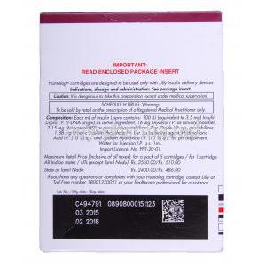 Humalog 5 x 3ml Cartridges, Insulin Lispro I.P. 100IU per ml Solution for Injection Box Information