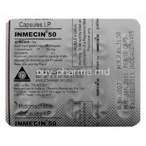 Inmecin, Indomethacin 50mg Capsule (E.M Pharma) Blister Pack Back