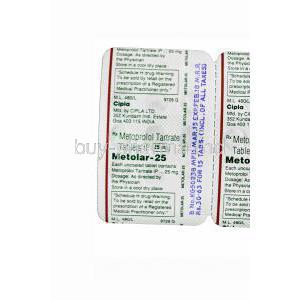 Metolar-25, Metoprolol Tartrate 25mg Tablet Strip Information