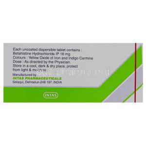 Zevert, Generic  Serc, Betahistine Dispersible 16 mg Tablet Intas Manufacturer info