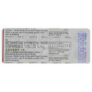 Zevert, Generic  Serc, Betahistine Dispersible 16 mg Tablet Intas packaging info