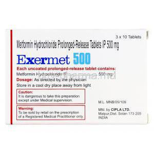 Exermet, Metformin 500mg Prolonged-release box information