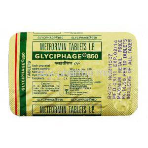 Glyciphage, Metformin 850 mg packaging