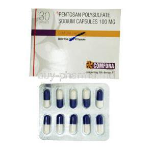 Comfora,  Pentosan Polysulfate Sodium 100mg capsule, blister, and box