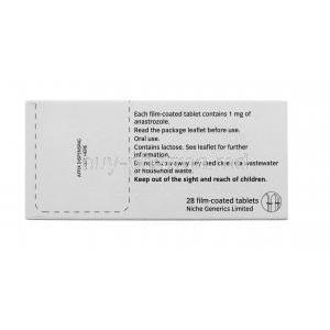 Generic Arimidex, Anastrozole 1mg 28 tabs packaging box back, instructions