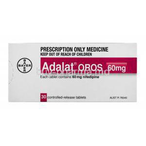 Adalat Oros, Nifedipine 60mg, 30 tablets, box information