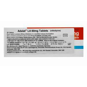 Adalat LA, Nifedipine 60mg, 30 tablets, box information and directions of use