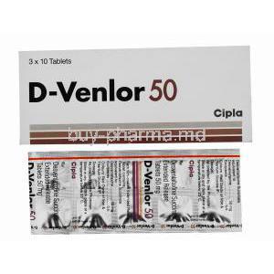 D- Venlor 50, Cipla, Desvenlafaxine Succinate E. R 50mg 30tabs, Box packaging and blister pack with contents information and dosage