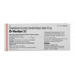 D- Venlor 50, Cipla, Desvenlafaxine Succinate E. R 50mg 30tabs, Box packaging back information, tablet composition, dosage, direction of storage, marketed by Cipla