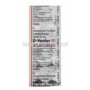 D- Venlor 50, Cipla, Desvenlafaxine Succinate E. R 50mg 30tabs, Blister pack front view with tablet contect information
