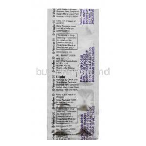 D- Venlor 50, Cipla, Desvenlafaxine Succinate E. R 50mg 30tabs, Blister pack back view, Mfd by BDR pharmaceuticals Marketed by Cipla