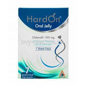 Sildenafil, Hard on Oral Jelly 100mg 7 sachets, Box presentation front view, 1 week pack, Aurochem