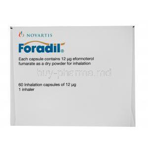 Novartis Foradil Aerolizer, 12 mcg 60 cap (With Aerolizer), Side of Box view with contents of each capsule and 1 inhaler