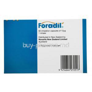 Novartis Foradil Aerolizer, 12 mcg 60 cap (With Aerolizer), Side of box presentation, distributed in New Zealand by Novartis New Zealand Limited Auckland.