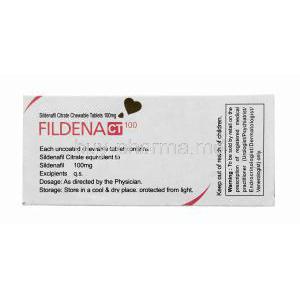 Fildena, Sildenafil Citrate Chewable Tablets 100mg 100tabs, Box back presentation, each tablet contents, dosage and storage instructions, warning message