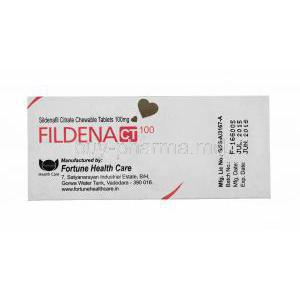 Fildena, Sildenafil Citrate Chewable Tablets 100mg 100tabs, Box back presentation, Manufactured by Fortune health Care, Batch no, Mfg Date, Exp date